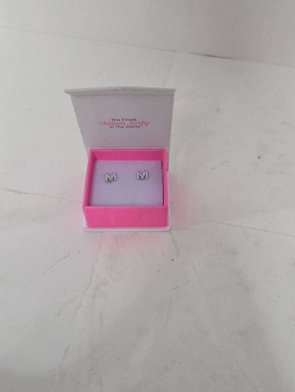 Initial 'M' Cubic Zirconia Stud Earrings - Silver Tone with Pink Accents